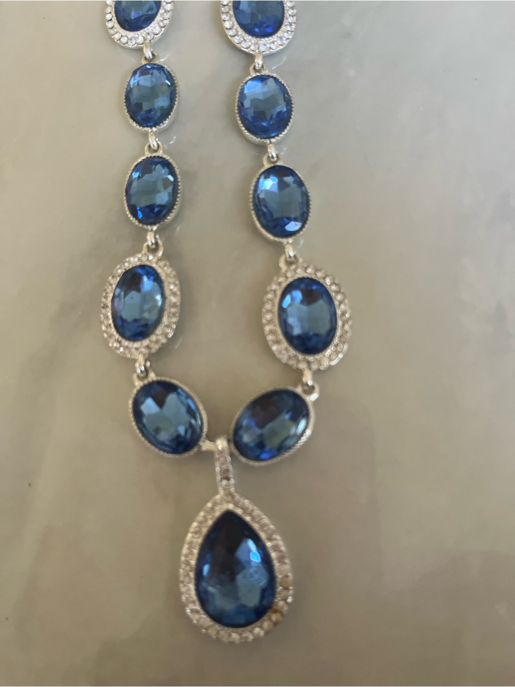 Monet Silver-Tone Y-Necklace Blue Glass Faceted Stones Rhinestones